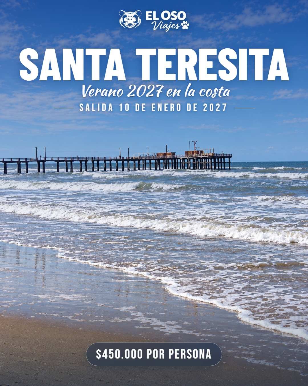 Olas en la playa de Santa Teresita con el muelle de pesca al fondo