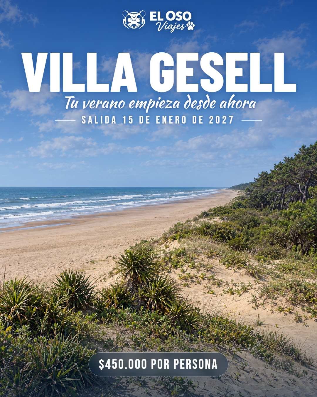 Dunas, vegetación costera y playa ancha frente al mar en Villa Gesell